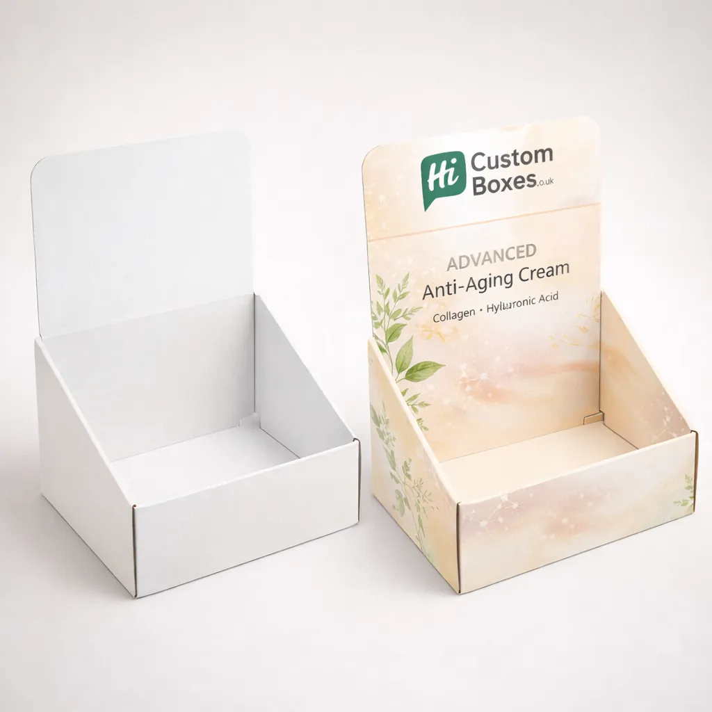 Two cardboard counter display units, one plain white and one featuring branded anti-aging cream graphics. class=